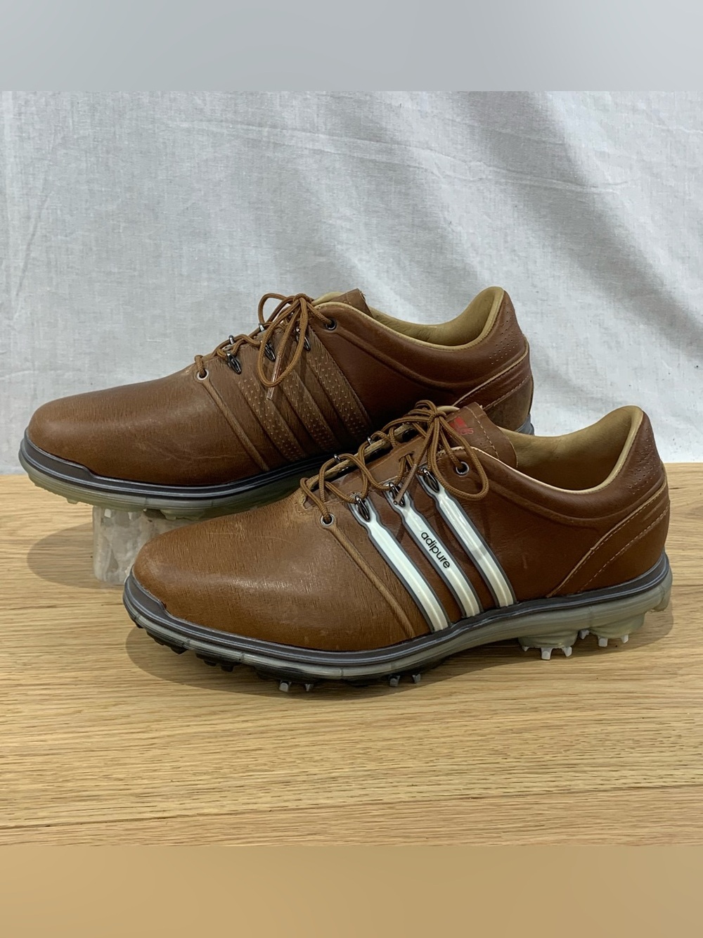 Adidas Adipure Men's Golf Shoes Size 8.5 Brown Leather Spiked Cleated